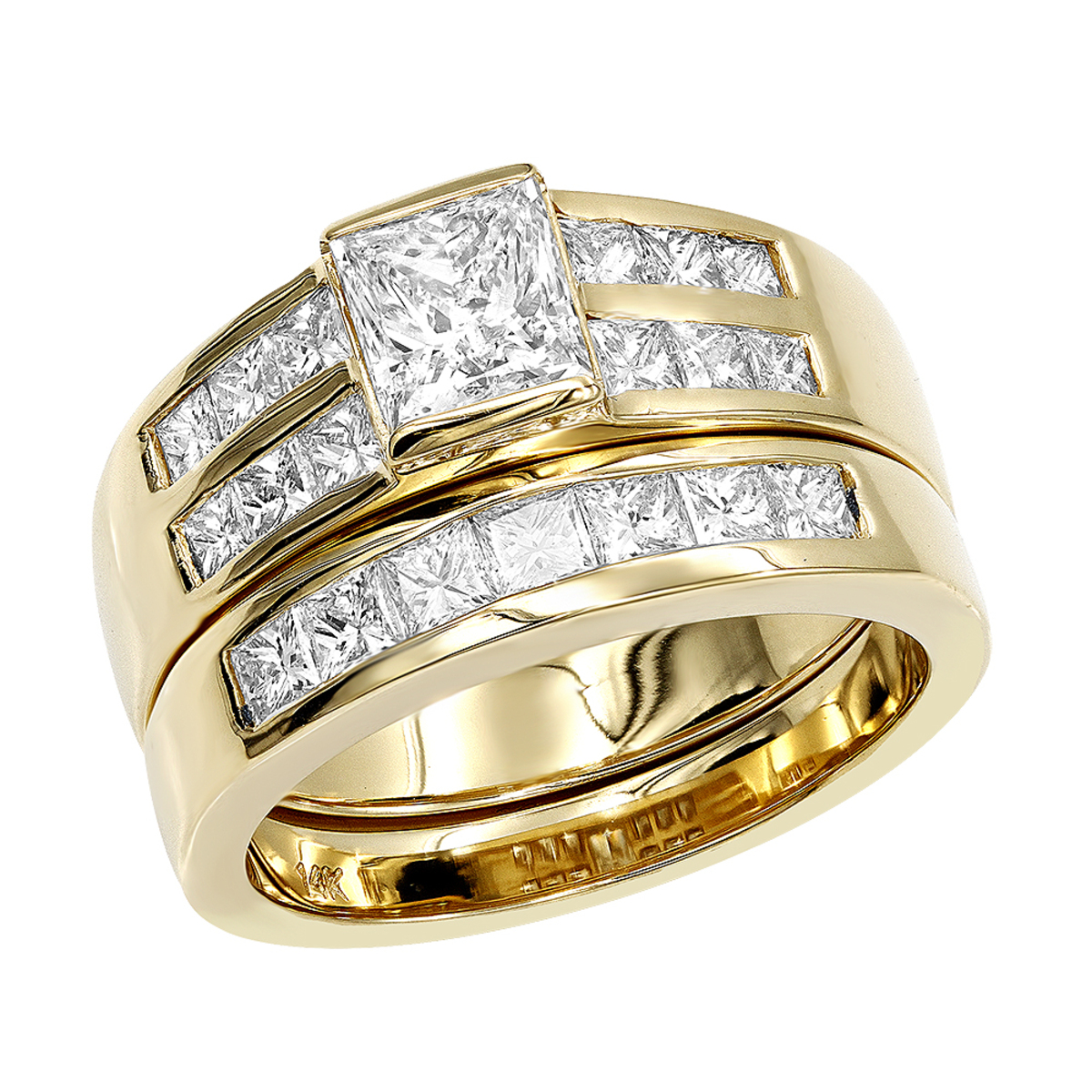 14K Gold 2 Carat Princess Cut Diamond Engagement Ring & Wedding Band ...