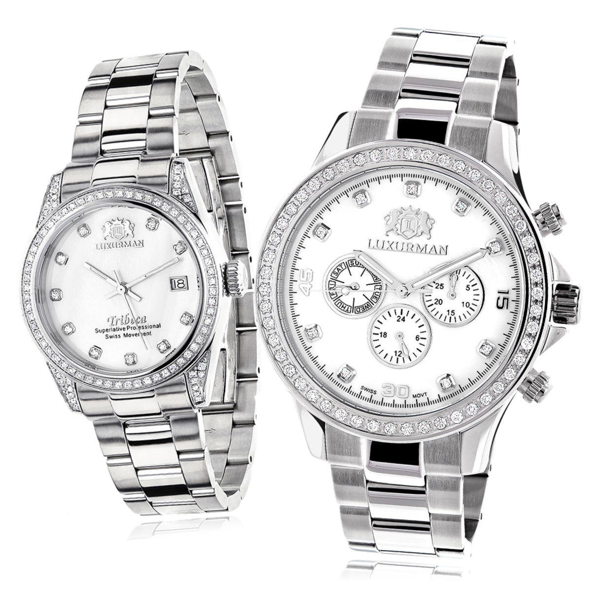 His and Hers White Gold Pltd Luxurman Diamond Watch Set 3.5ct 967768