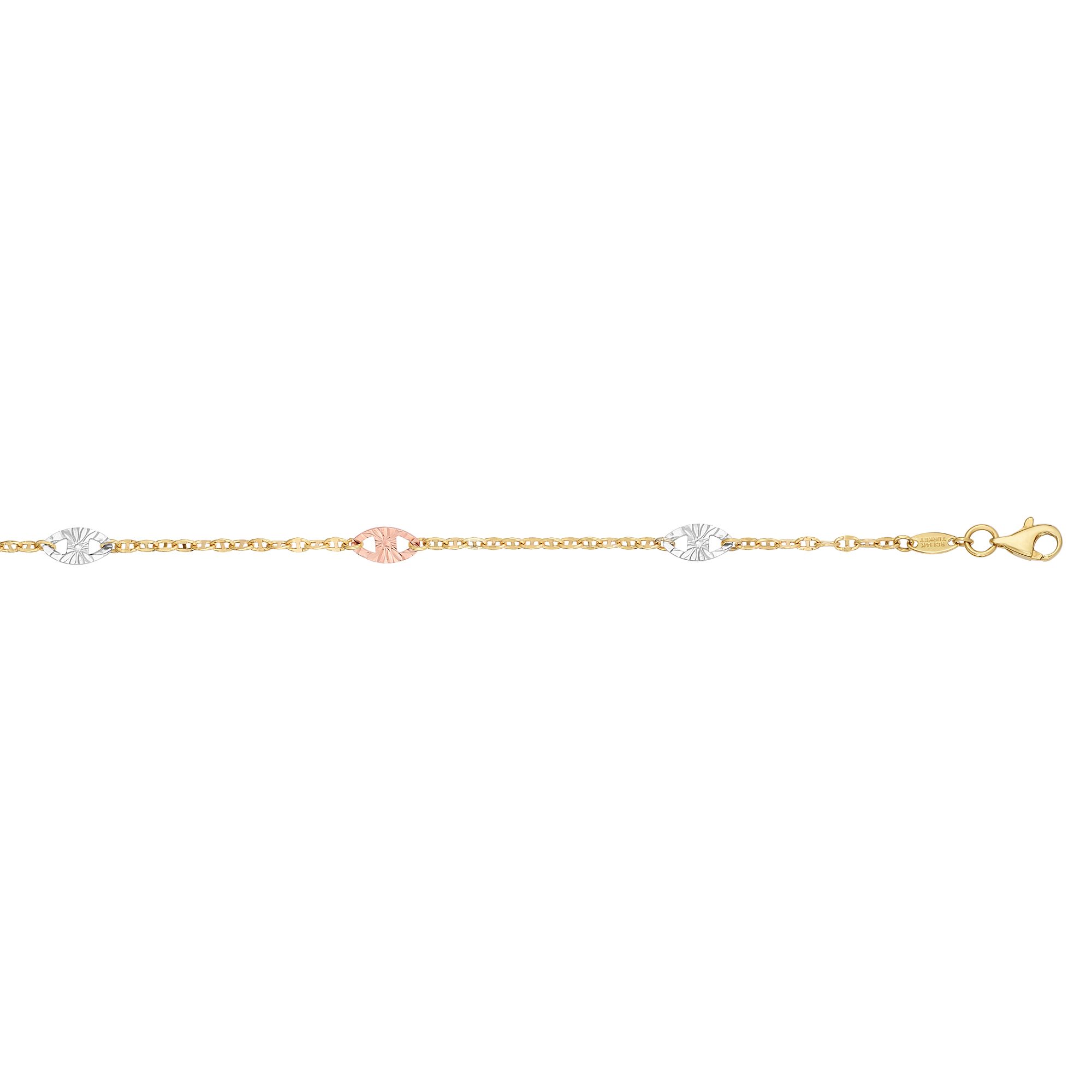 Item Code: HD5181, Approx. Weight: 1.9 g, Warranty: 12 months, Metal: 14K Tricolor Gold, Width: 3/8in (10mm), Length: 10in (254mm), Clasp: Lobster.