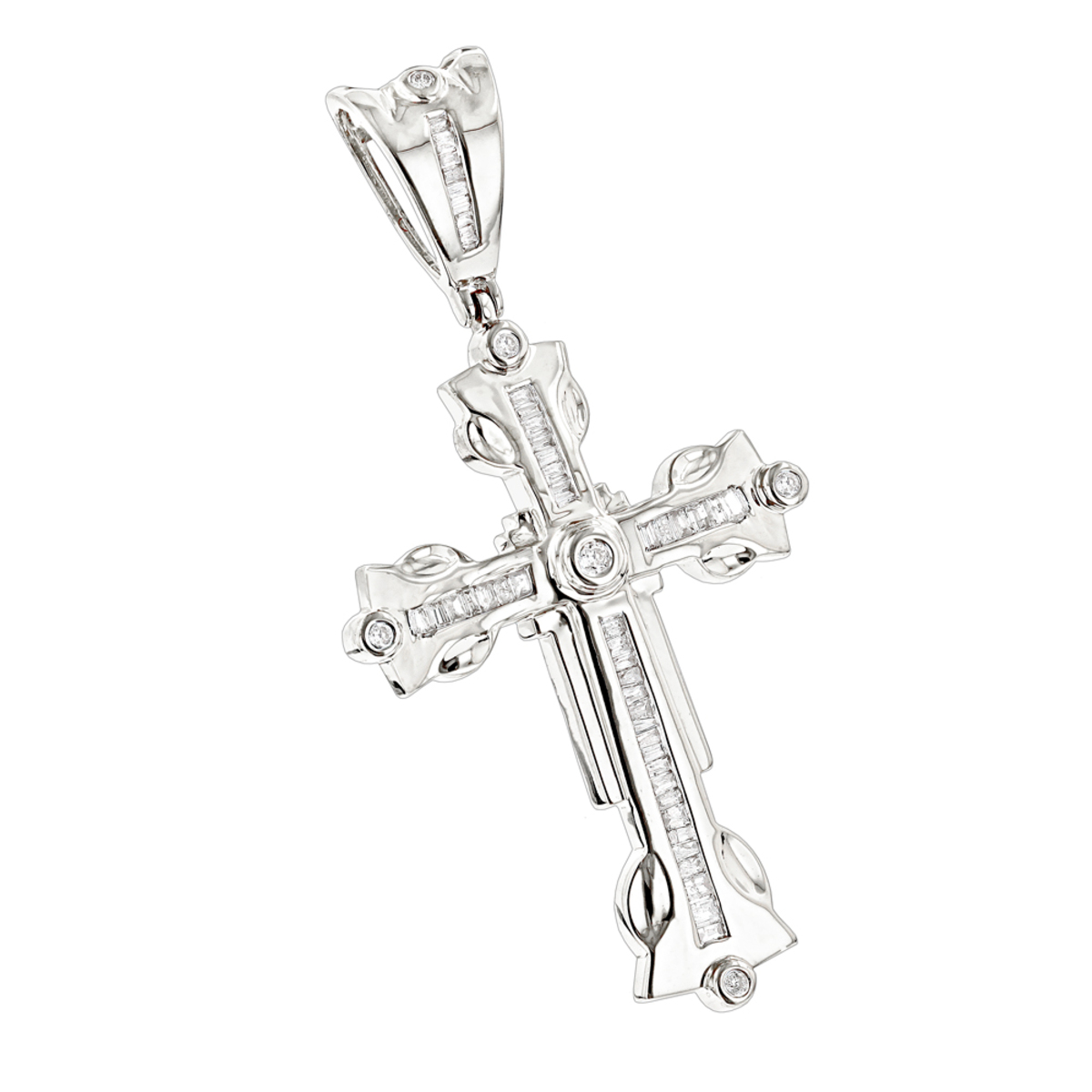Item Code: 405249, Approx. Weight: 5 g, Warranty: 12 months, Pendant Type: Charm, Cross, Metal: 14K Gold, Width: 1 1/16in (27mm), Length: 2 1/16in (52mm), Jewelry Shape: Cross, Carat Weight: 0.95 ct, Type of Gemstone: Diamond, Shape: Baguette, Round, Color: H-I, Clarity: SI-I, Stone Setting Type: Bezel, Channel.