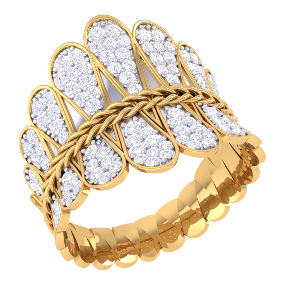 Women's 14K Gold Diamond Feather Ring with Braided Accent 0.84ct