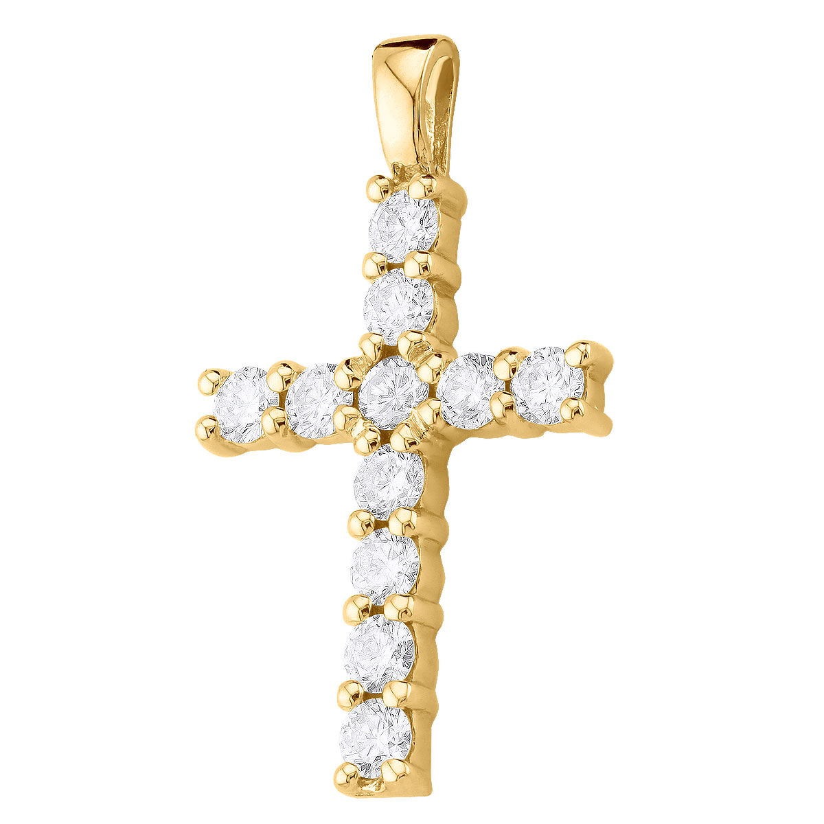 Item Code: 008751, Approx. Weight: 3 g, Warranty: 12 months, Pendant Type: Cross, Metal: 14K Gold, Width: 11/16in (17.6mm), Length: 1 3/16in (30mm), Jewelry Shape: Cross, Carat Weight: 1.32 ct, Type of Gemstone: Diamond, Shape: Round, Color: H, Clarity: SI, Stone Setting Type: Prong.