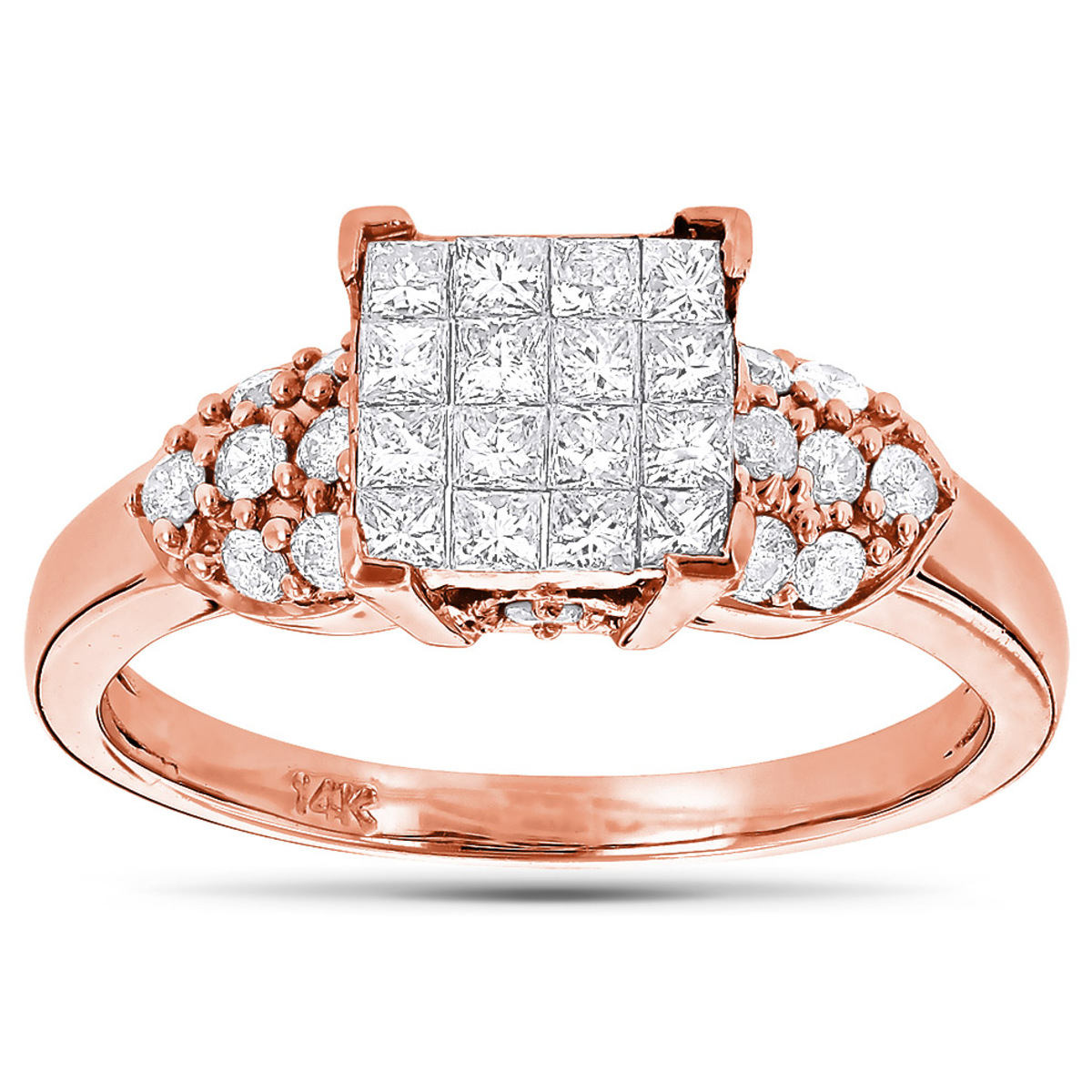 Item Code: 203556, Approx. Weight: 3.7 g, Warranty: 12 months, Ring Style: Birthstone, Metal: 14K Gold, Bridal: Bridal, Engagement, Promise, Width: 5/16in (8mm), Personalization: Yes, Jewelry Shape: Round, Carat Weight: 0.9 ct, Type of Gemstone: Diamond, Shape: Round, Color: H, Clarity: SI, Stone Setting Type: Invisible, Pave.