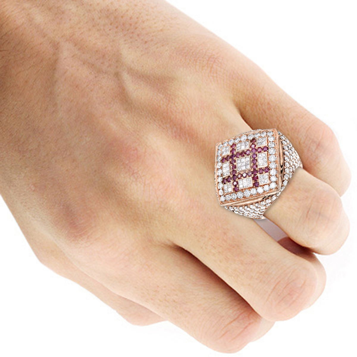 Unique 14K Gold Mens White Pink Criss Cross Diamond Ring 7.13ct 890090