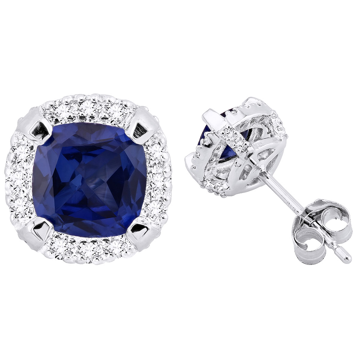 Item Code: HD0081, Metal: 14K White Gold, Earring Type: Hypoallergenic, Studs, Earring Back: Guardian, Jewelry Shape: Round, Carat Weight: 0.22 ct, Type of Gemstone: Sapphire, Shape: Cushion, Round, Color: Blue, Clarity: VS, Stone Setting Type: Prong.