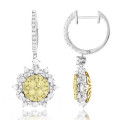 Unique Designer Ladies White Yellow Diamonds Flower Drop Earrings 14K Gold