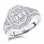 Unique 3 Carat Look Halo Emerald Cut Diamond Engagement Ring in 14k Gold