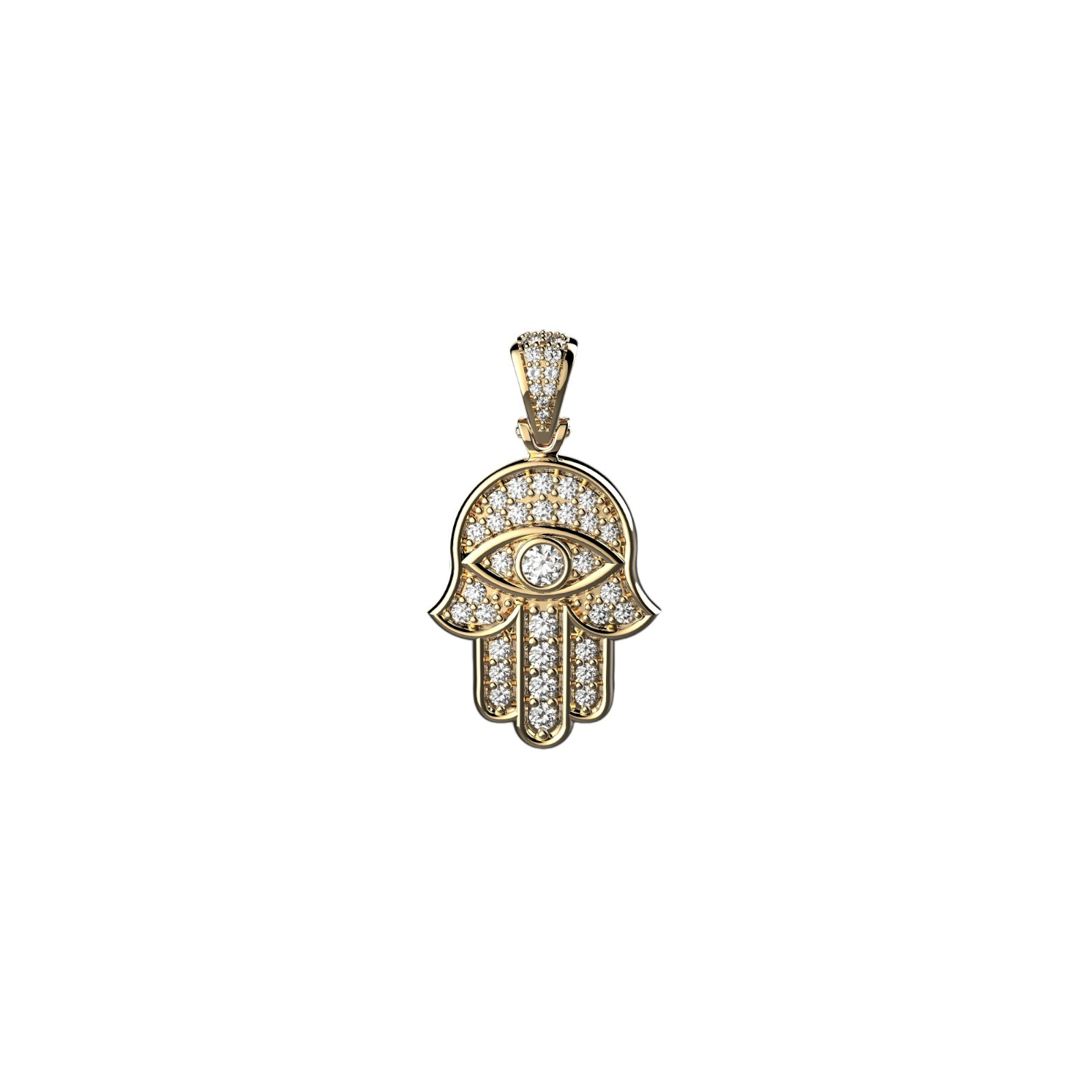 Item Code: HD0709, Warranty: 12 months, Approx. Weight: 10 g, Metal: 10K Yellow Gold, Width: 13/16in (20mm), Length: 1 3/8in (35mm), Pendant Type: Jewish, Charm, Hamsa, Muslim, Personalization: Yes, Carat Weight: 1.03 ct, Type of Gemstone: Diamond, Shape: Round, Color: H, Clarity: SI, Stone Setting Type: Bezel, Prong.