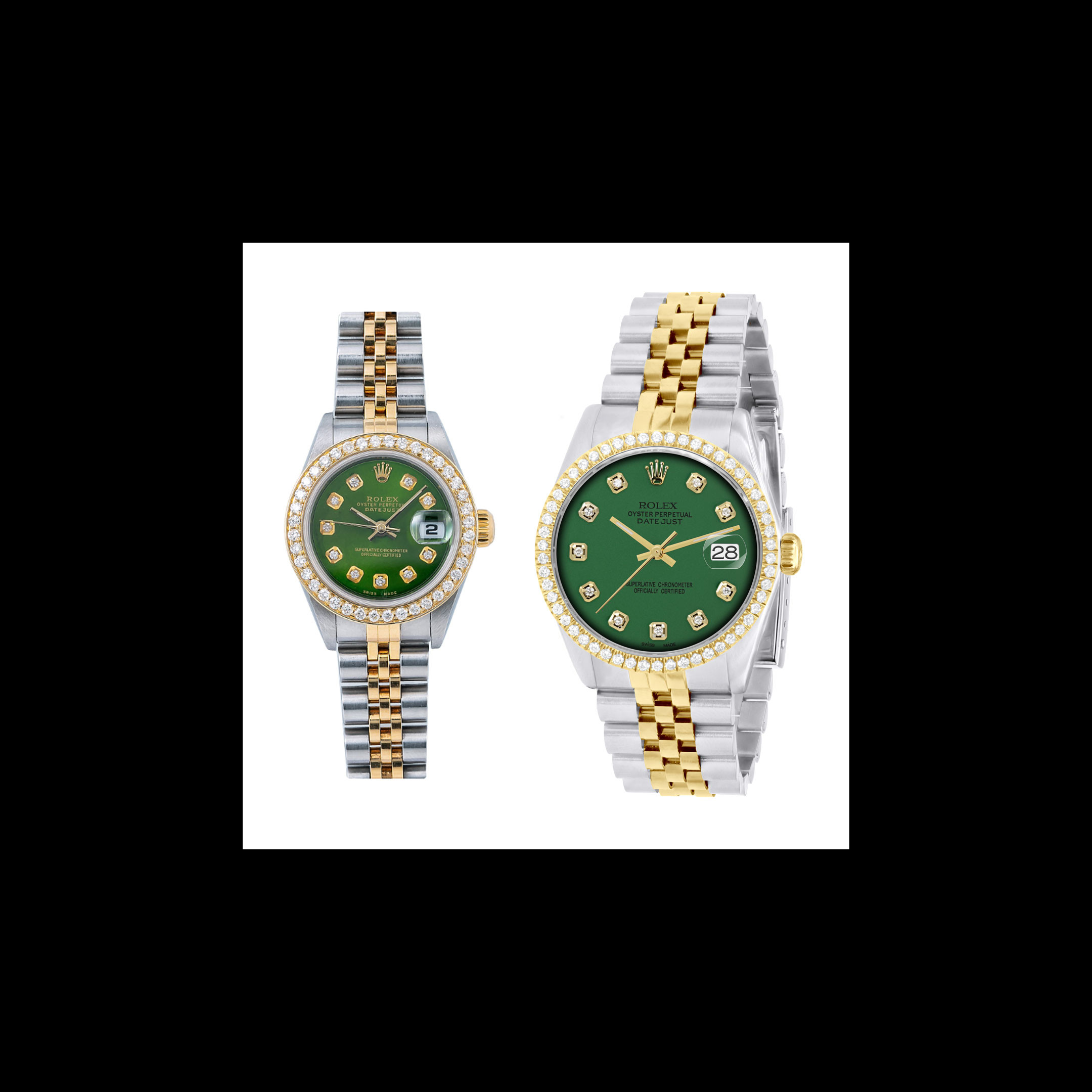 Men Women\'s Silver band and Green dial Watches Set Luxury Diamond for Couple 41mm Green Dial Moissanite Watch – Iced Datejust Style for  main image 2