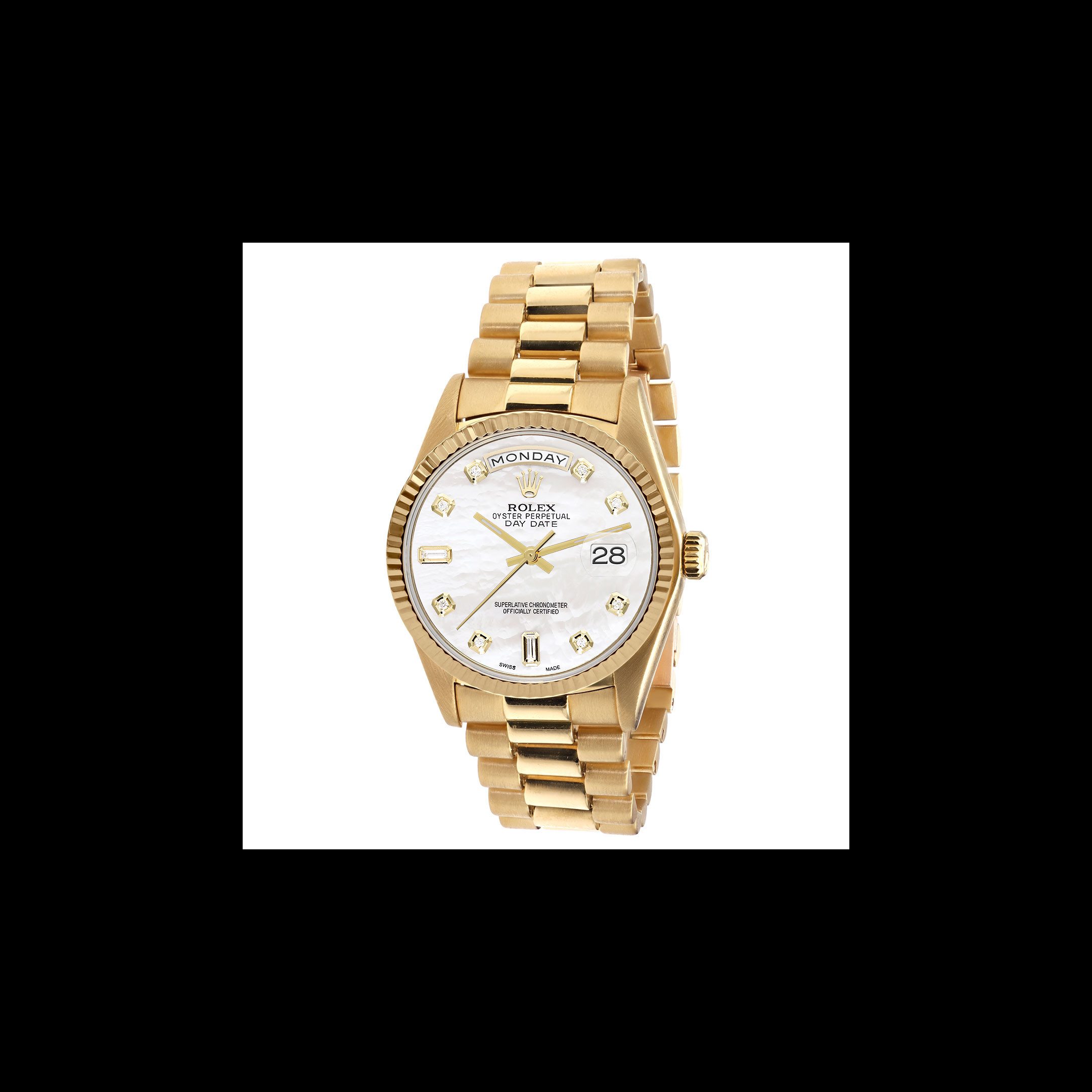 Gold Watch Rolex Day-Date Diamond 36mm White Mother Of Pearl Dial