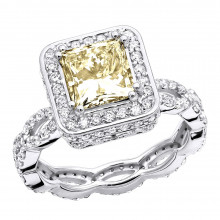 Unique Halo Princess Cut Yellow Diamond Eternity Engagement Ring 14k Gold