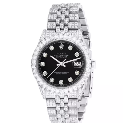 Men's Iced Out Diamond Watch Rolex Datejust 36mm Black Dial