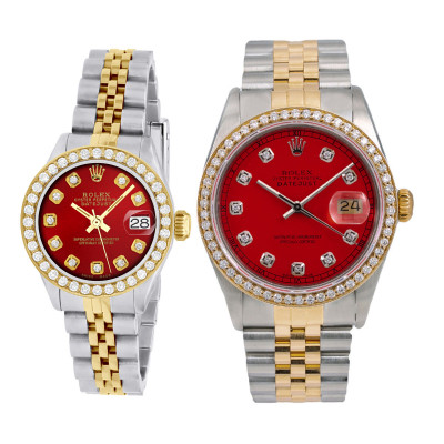 His and Hers Two Tone Gold Rolex Watch Set Red Dial Diamond  display picture 1