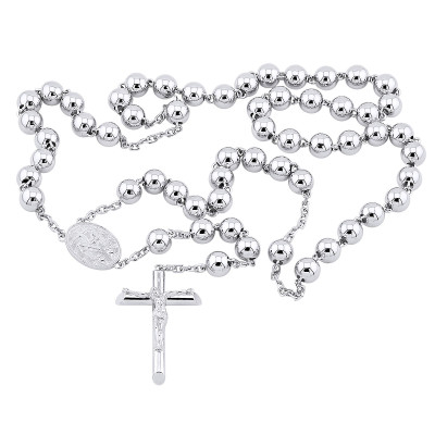 Solid 14K White Gold Rosary Beads Necklace 21in long 9mm wide 004768