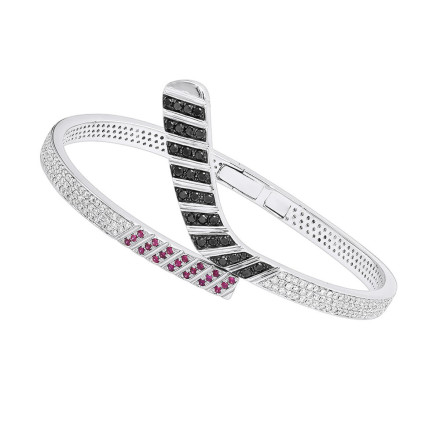 Custom Made 14K Gold Hockey Stick Rubies White Black Diamond Bangle Bracelet