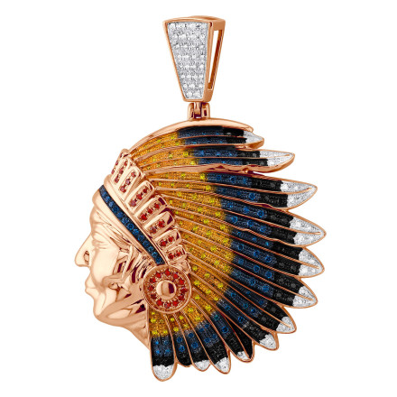 Men's 10K Gold Multicolor Diamond Indian Chief Head Pendant 1.5ct