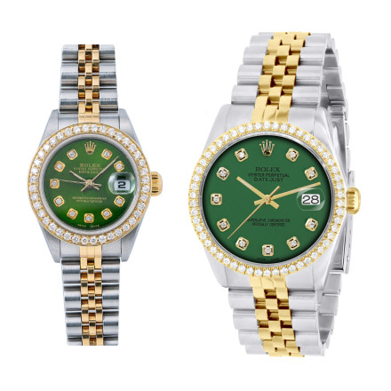 Matching His and Hers Rolex Two Tone Gold Watch Set Green Dial Diamond Bezel