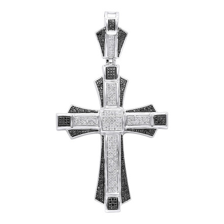 Large Black & White Diamond Cross Pendant for Men | Sterling Silver | 1.25ct