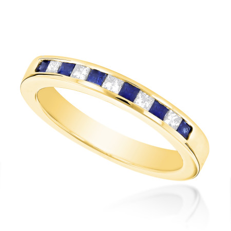 Channel Set Princess Cut Sapphire and Diamond Ring 14K Gold 0.15ctd, 0.18cts in Yellow color  000295