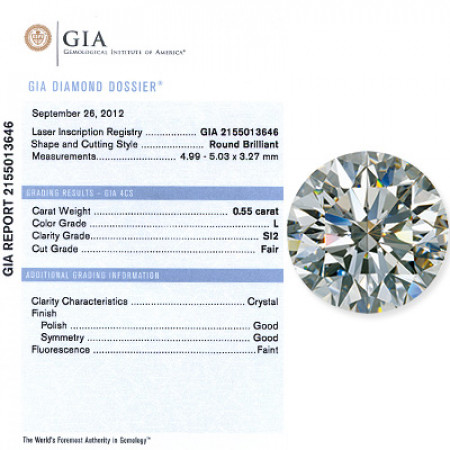 0.55 CT Round Cut Diamond L Si1 GIA Certified 706021