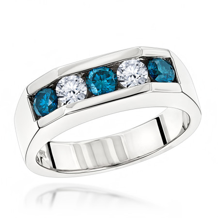 10K or 14K Gold Men's 5 Stone 1 Carat White and Blue Diamond Ring in White color  