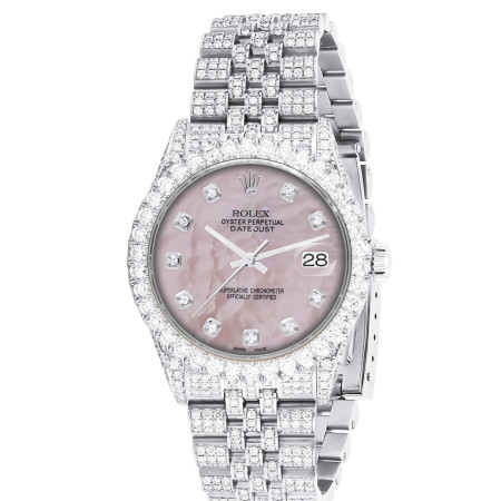 Men's Iced Out Watch Rolex Datejust 36mm White MoP Dial Oyster