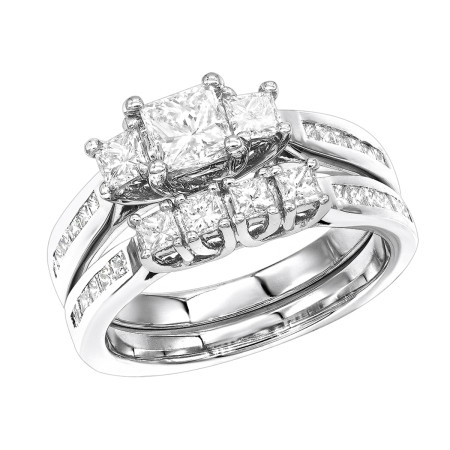 14K Gold Princess Cut Diamond Three Stones Engagement Ring Set 1.52ct in White color  