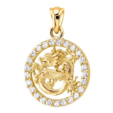 14K Gold Dragon Diamond Medallion Pendant for Women and Children | Round Frame Zodiac | 0.34ct HD0672