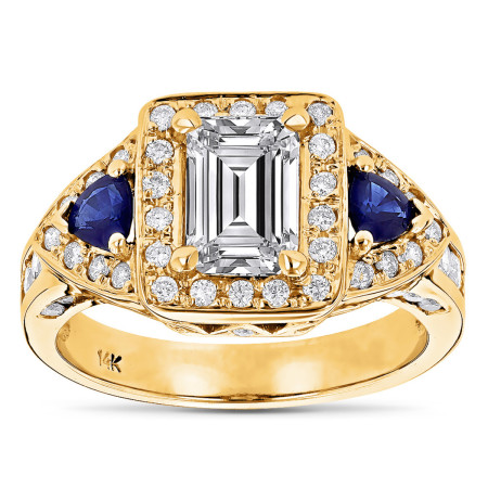 14K Gold Emerald Diamond Sapphire Unique Engagement Ring 2.5ct by Luxurman in Yellow color  001050