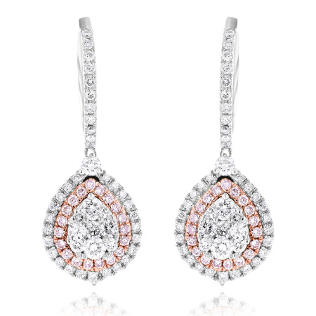 14K Gold Teardrop Shape Cluster White Pink Diamond Earrings for Women 1.5ct 802706