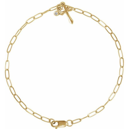 14K Yellow Gold .03 CTW Natural Diamond Cross Charm 7in Bracelet STC0014