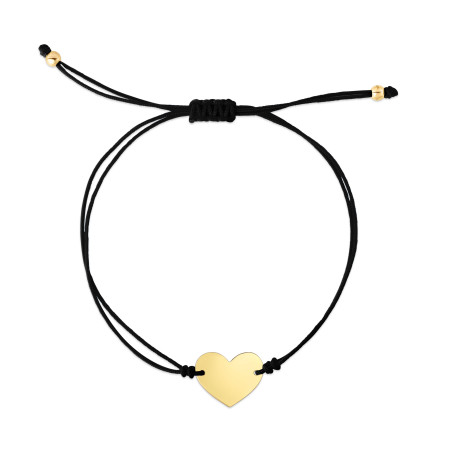 11.5mm Black Cord Heart Adjustable Bracelet for Men & Women | 14K Yellow Gold | Draw String Clasp HD5127