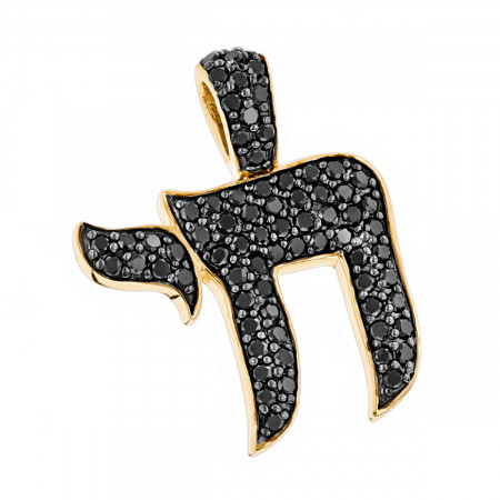 Jewish 18K Yellow Gold Black Diamond Chai Pendant for Men