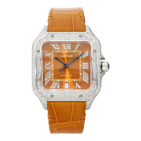 Cartier Santos de Cartier WSSA0018 Large 40mm Automatic Watch with 5 CT Natural Diamond Pave Roman Orange Dial  W01399