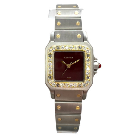 Cartier Santos Galbee Women's Two-Tone Gold Diamond Watch | 24mm | 0.69ct | Burgundy Dial s00863
