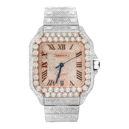 Cartier Santos Large 40mm 16 CT Natural Diamond Full Pave Roman Dial Automatic Men's Watch  W01386
