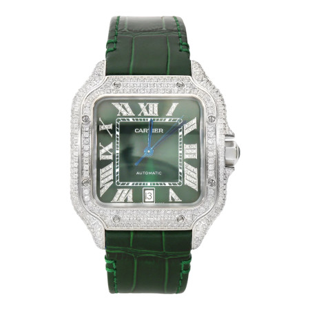 Cartier Santos Large 40mm Men's Watch with 5 CT Natural Diamond Pave Bezel & Green Roman Dial  W01383