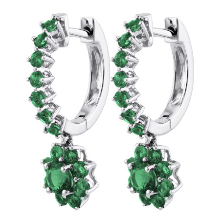 14K Gold Round Emerald Hoop Earrings for Women | Prong Setting | Hinged Back | 1.3ct in White color  HD0222-Emeralds