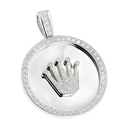 Solid 18K Gold Crown Diamond Pendant Rolex Style Medallion 6ct in White color  