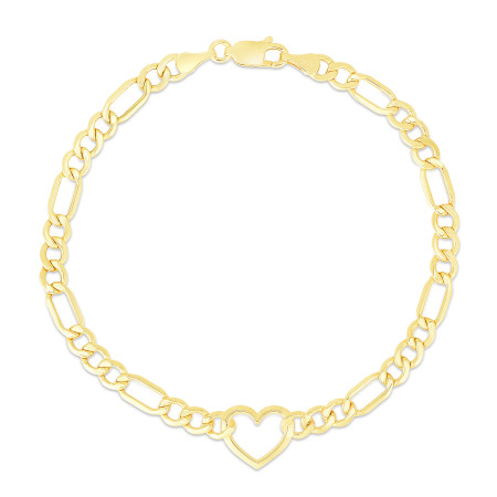 4.5mm Heart Figaro Chain Bracelet for Men & Women | 14K Yellow Gold | Lobster Clasp HD5136