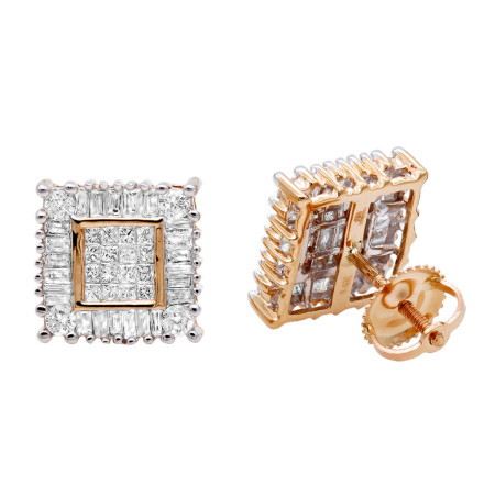 14K Baguette Princess & Round Diamond Earrings 1.01ct in Rose color 405340