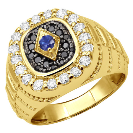 Custom Unique Pinky Ring 14k Gold Black White Diamond Blue Sapphire Men's Ring in Yellow color  018288