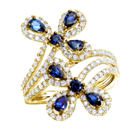 Pear Cut Sapphire and Diamond Flower Bloom Cocktail Ring for Women 14K Gold in Yellow color  890971