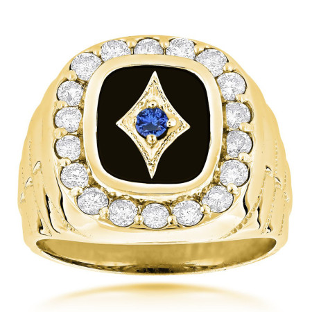 Unique 14K Gold Black Onyx Blue Sapphire White Diamond Men's Ring 1.68ct in Yellow color  000739