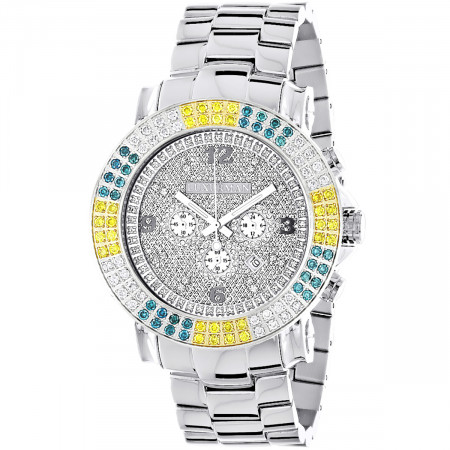 Large Men's Multicolor White Yellow Blue Diamond Watch 4ct Luxurman Escalade 968049