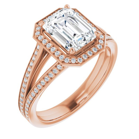Luna Lab Grown Diamond Ring | 2 Carat Emerald Diamond Halo-Style Engagement Ring in Rose color ST074DLE