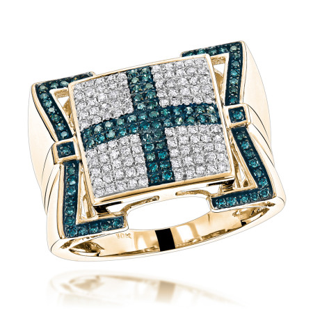 Men's Blue Diamond Cross Ring 10K 0.82ct in Yellow color  501226