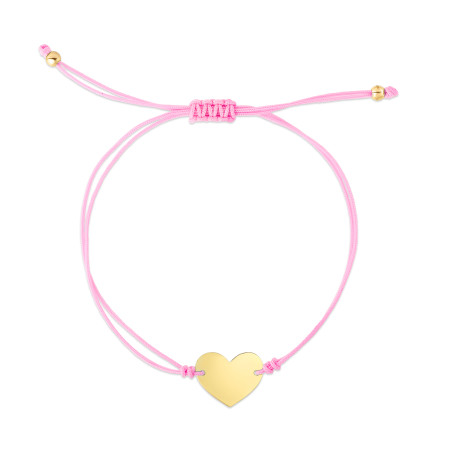 11.5mm Pink Cord Heart Adjustable Bracelet for Men & Women | 14K Yellow Gold | Draw String Clasp HD5130
