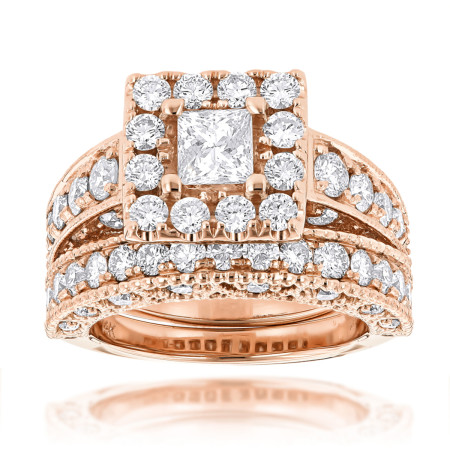 Princess Cut Round Diamond Engagement Ring Wedding Band Set 3.5ct 14K Gold in Rose color 001075