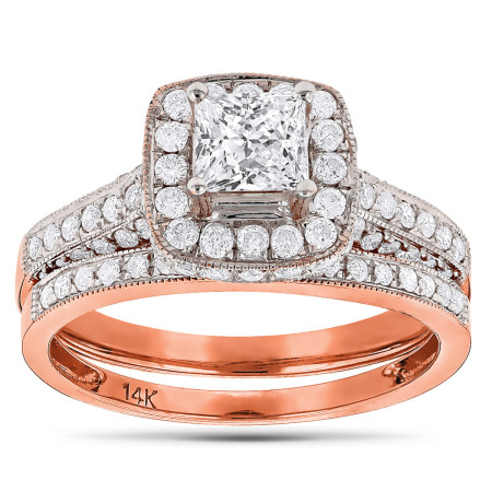 Princess Cut Diamond Halo Engagement Ring Set 1.93ct 14K Gold in Rose color 802396